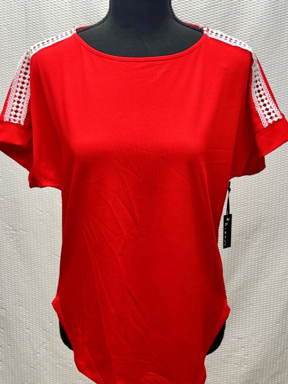 3rd + Malt Lace Insert Blouse Red White Crochet Trim Women’s Small